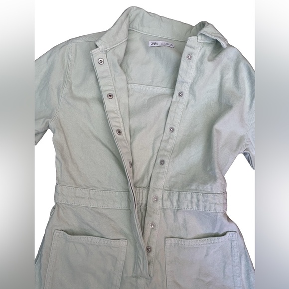 🌍Zara Mint Green Denim Snap Front Short One Piece Romper Size 11/12 Pockets - Picture 3 of 4